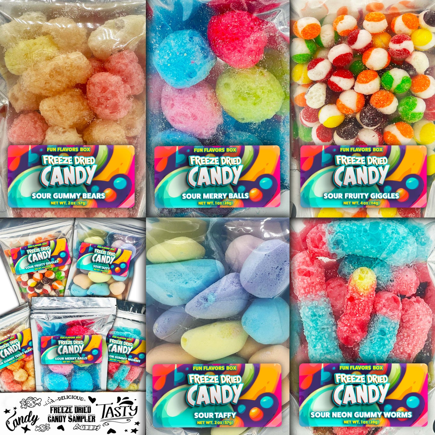 Fun Flavors Box Freeze Dried Sour Gummy Taffy Candy 5 Count Variety Gift Box