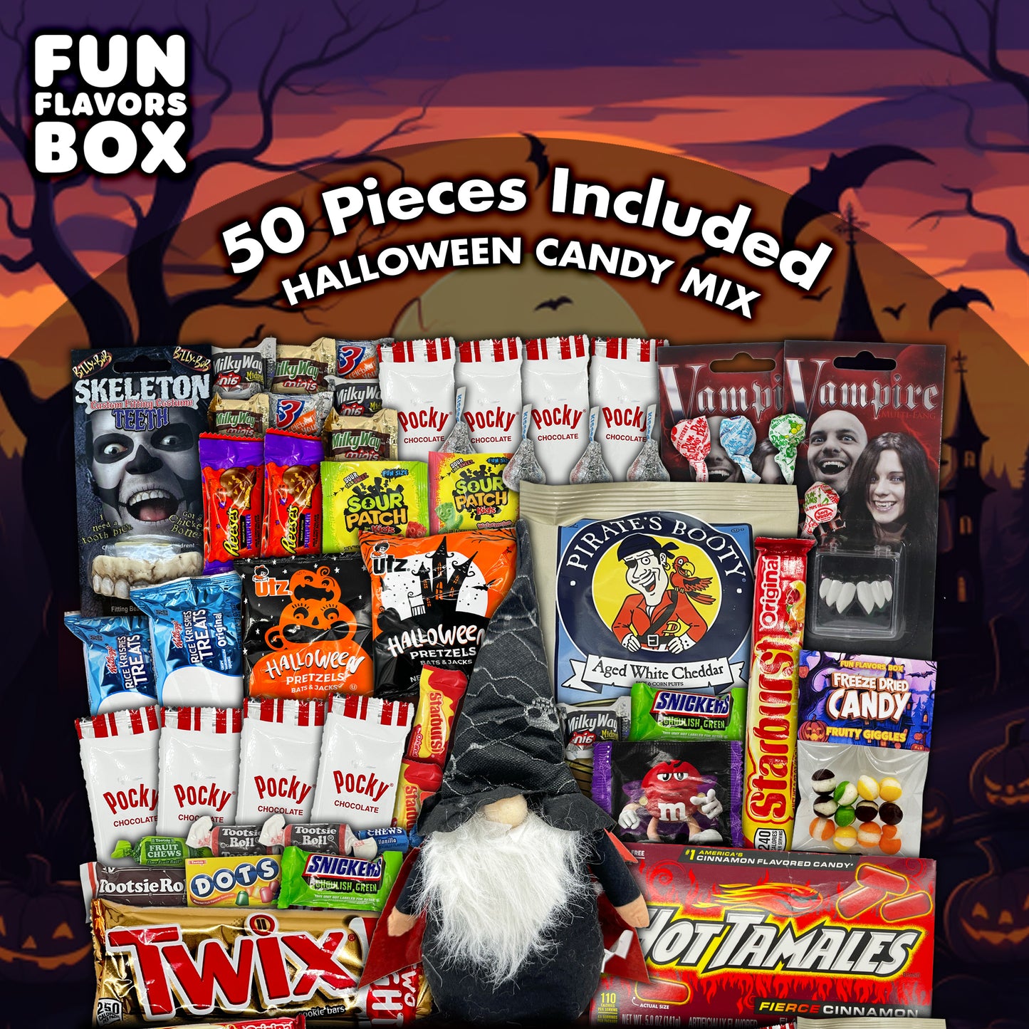 Halloween Variety Pack Gift Basket Care Package, Candy, Snacks Trick or Treat Themed Gift Box, 50 Count