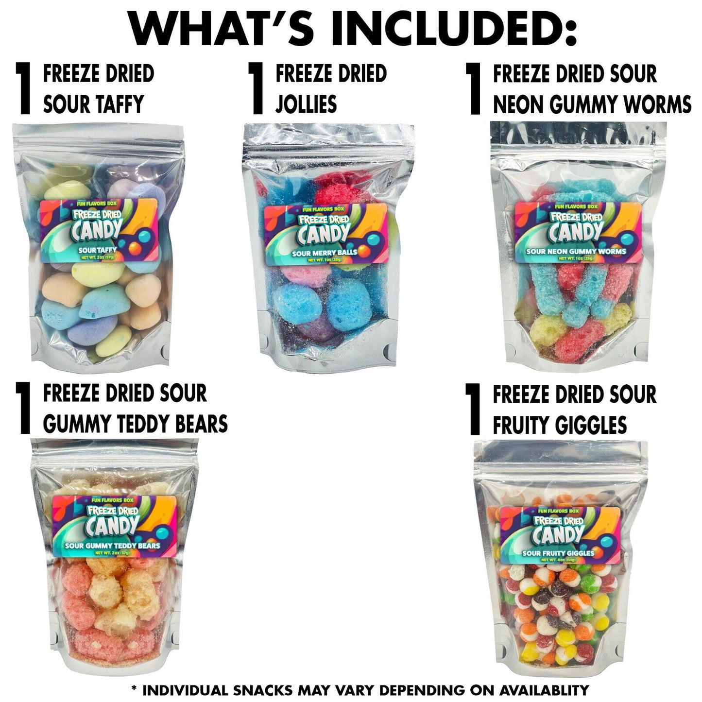 Fun Flavors Box Freeze Dried Sour Gummy Taffy Candy 5 Count Variety Gift Box