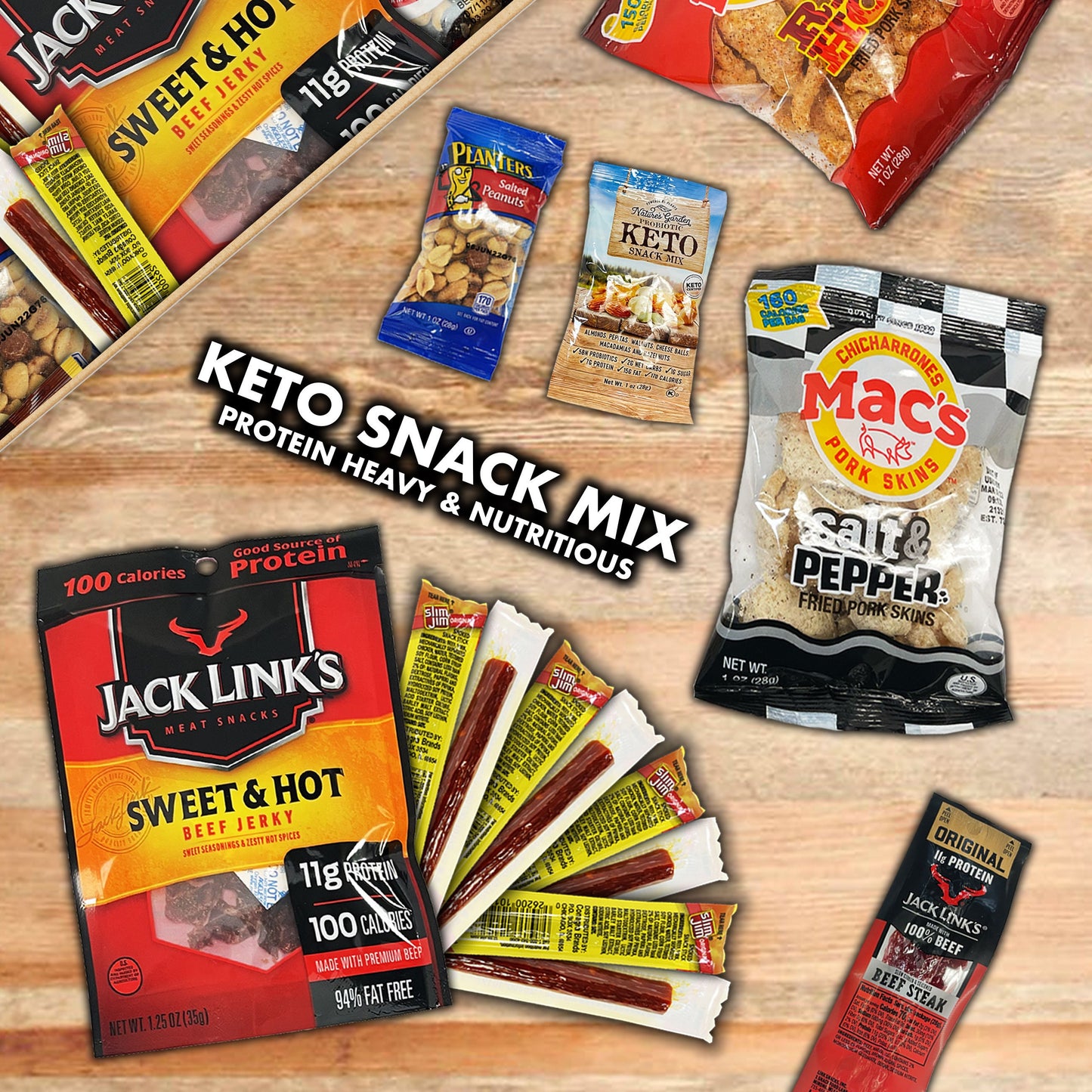 Keto Friendly Care Package Variety Pack Beef Jerky, Nuts, Pork Skins Snack Box