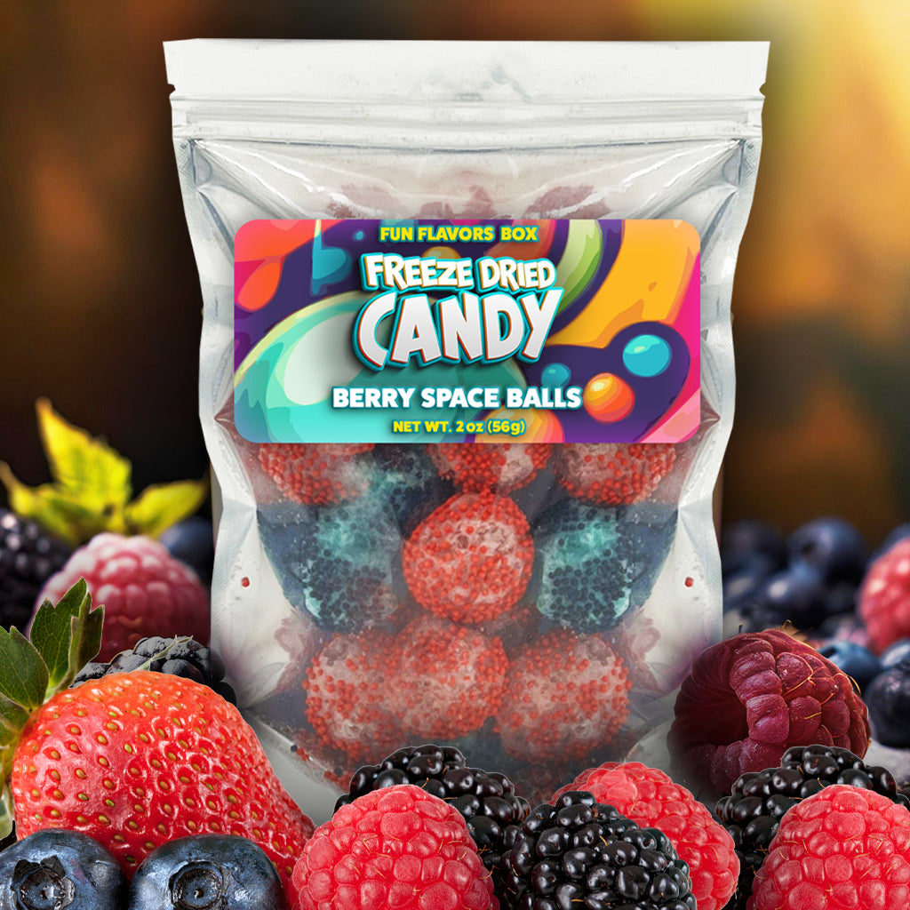 Freeze Dried Candy Berry Space Balls Red and Black Berry Gummies Crunch Treats, 2 oz