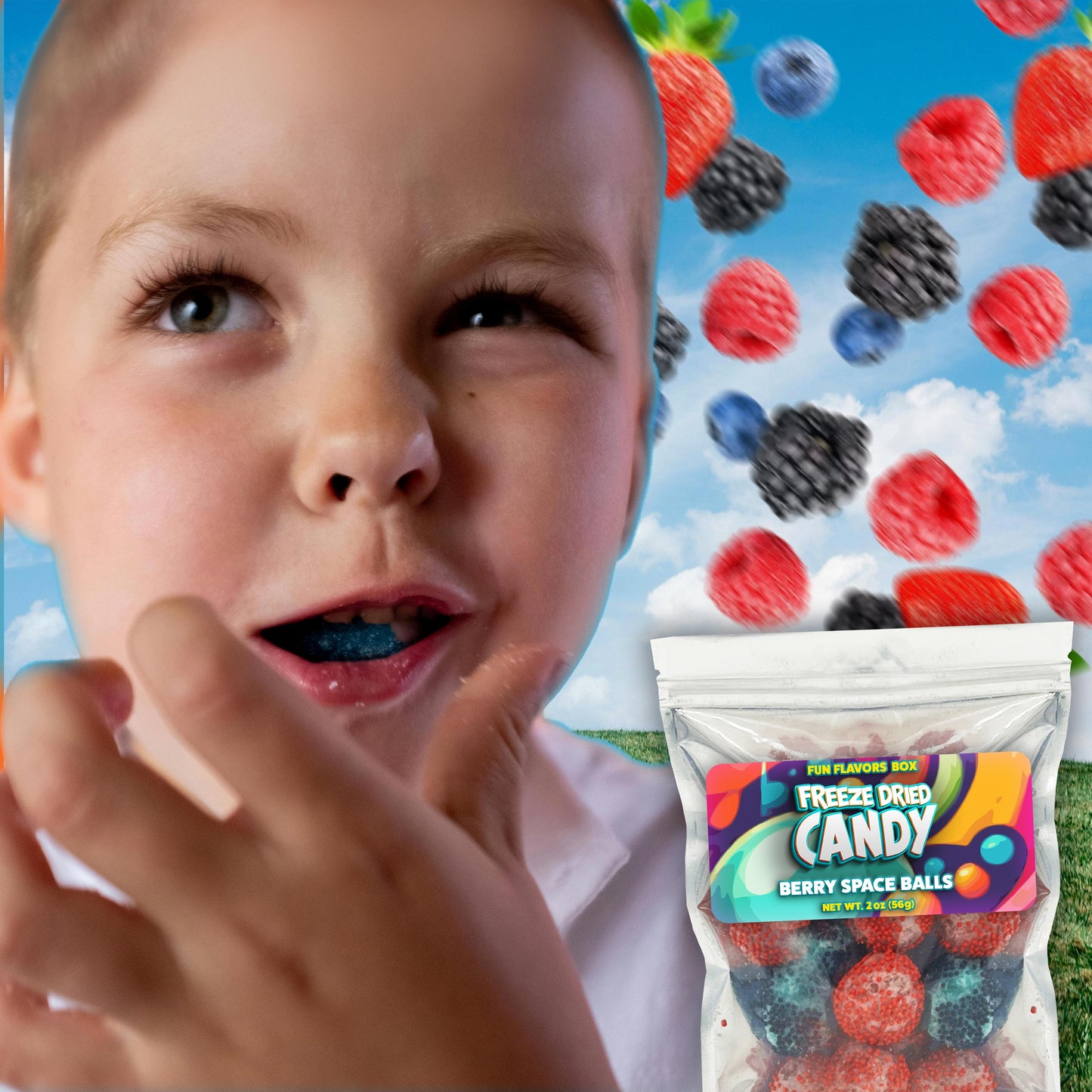 Freeze Dried Candy Berry Space Balls Red and Black Berry Gummies Crunch Treats, 2 oz