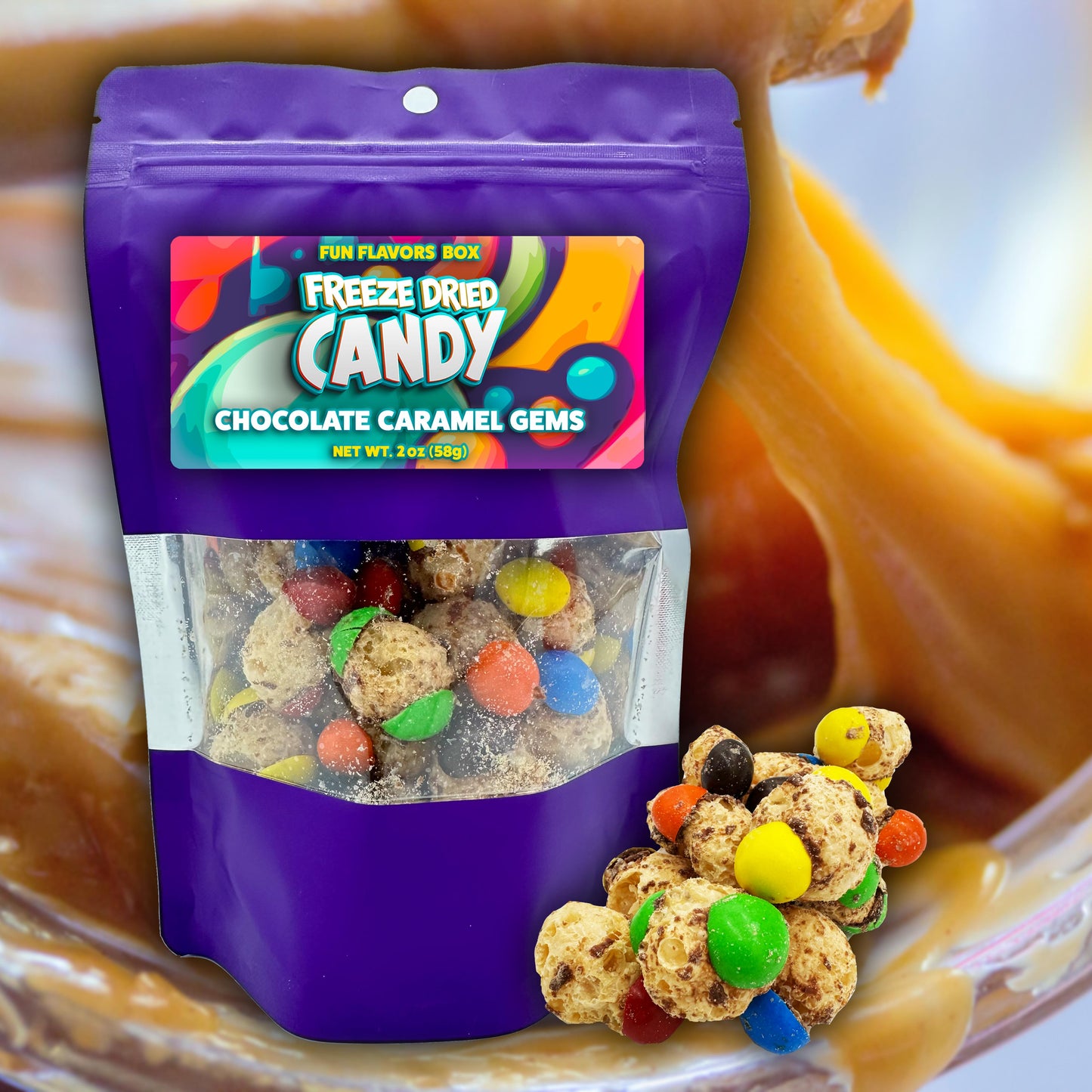 Freeze Dried Candy Chocolate Caramel Gems Sweet Crunchy Treats 2 oz