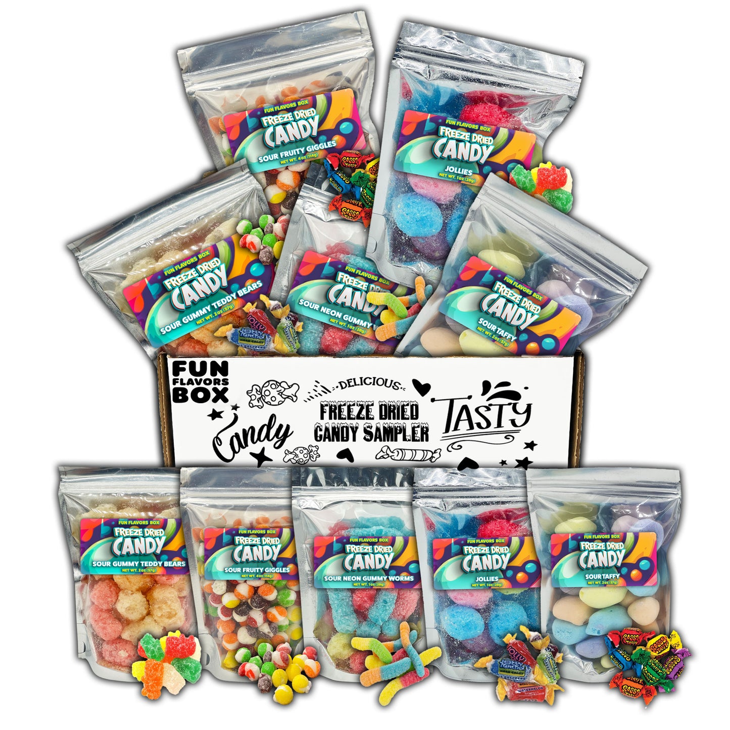 Fun Flavors Box Freeze Dried Sour Gummy Taffy Candy 5 Count Variety Gift Box