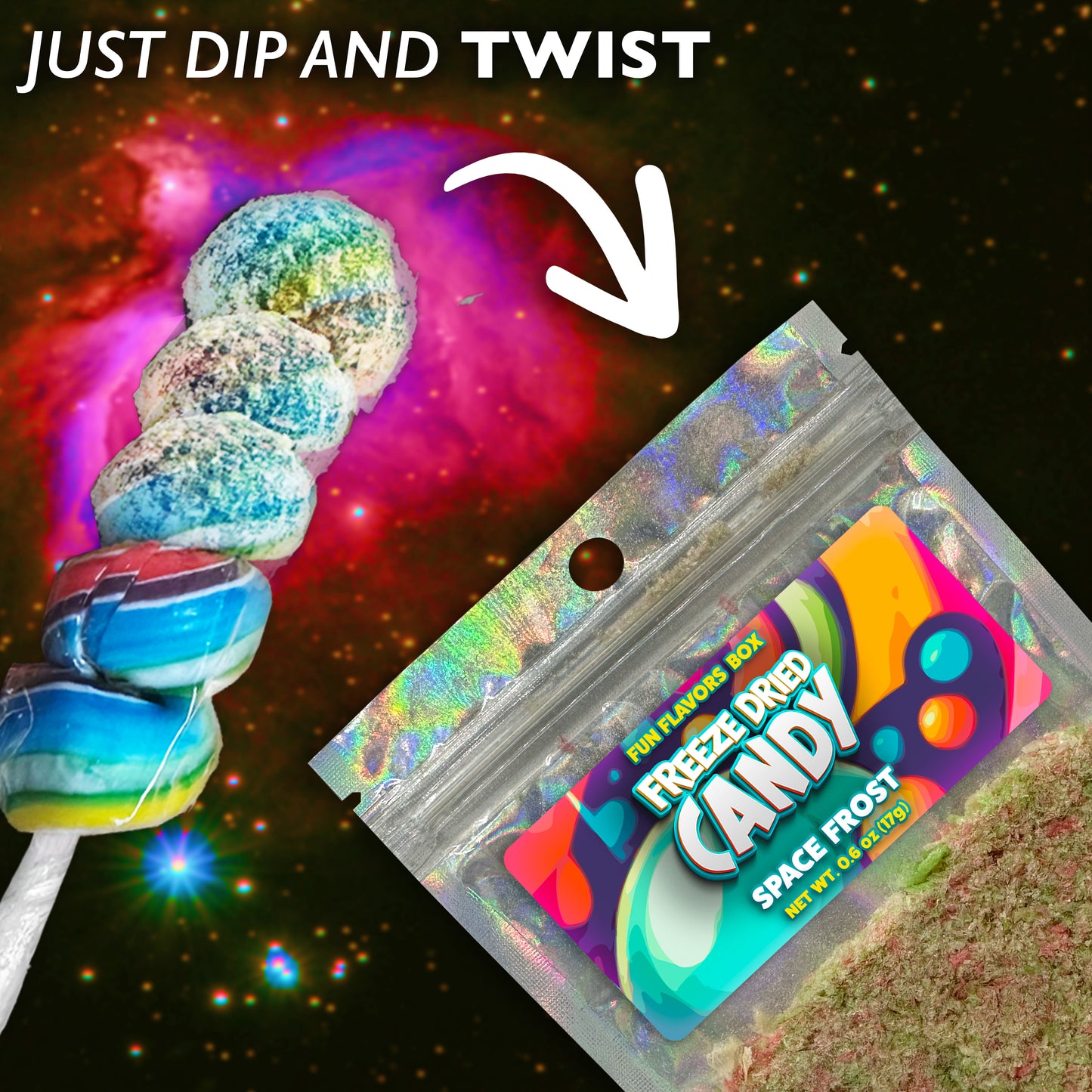 Freeze Dried Dip 'N Dust Lollipop Candy Dip, Unique, Exotic Crunch Snack 0.6 oz