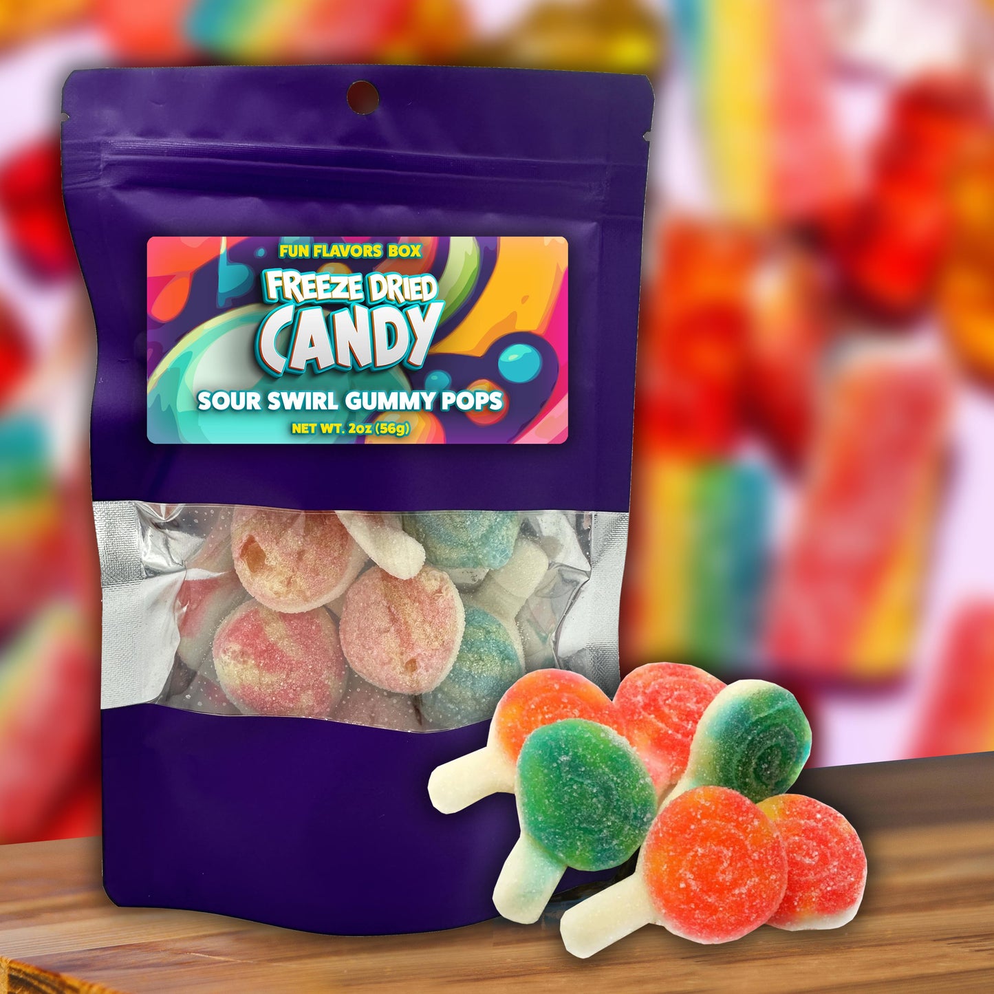 Freeze Dried Candy Sour Swirl Gummy Pops Crunch Treats 2 oz