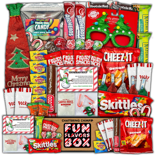 Christmas Variety Pack Gift Basket Care Package (50 Count) Stocking Stuffers, Candy, Chips, Freeze Dried Taffy, Happy Holidays Gift Box