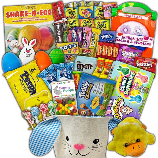 Easter Snack Care Package Blue Bunny Gift Basket 50 Count Plush Candy Gift Snack Box