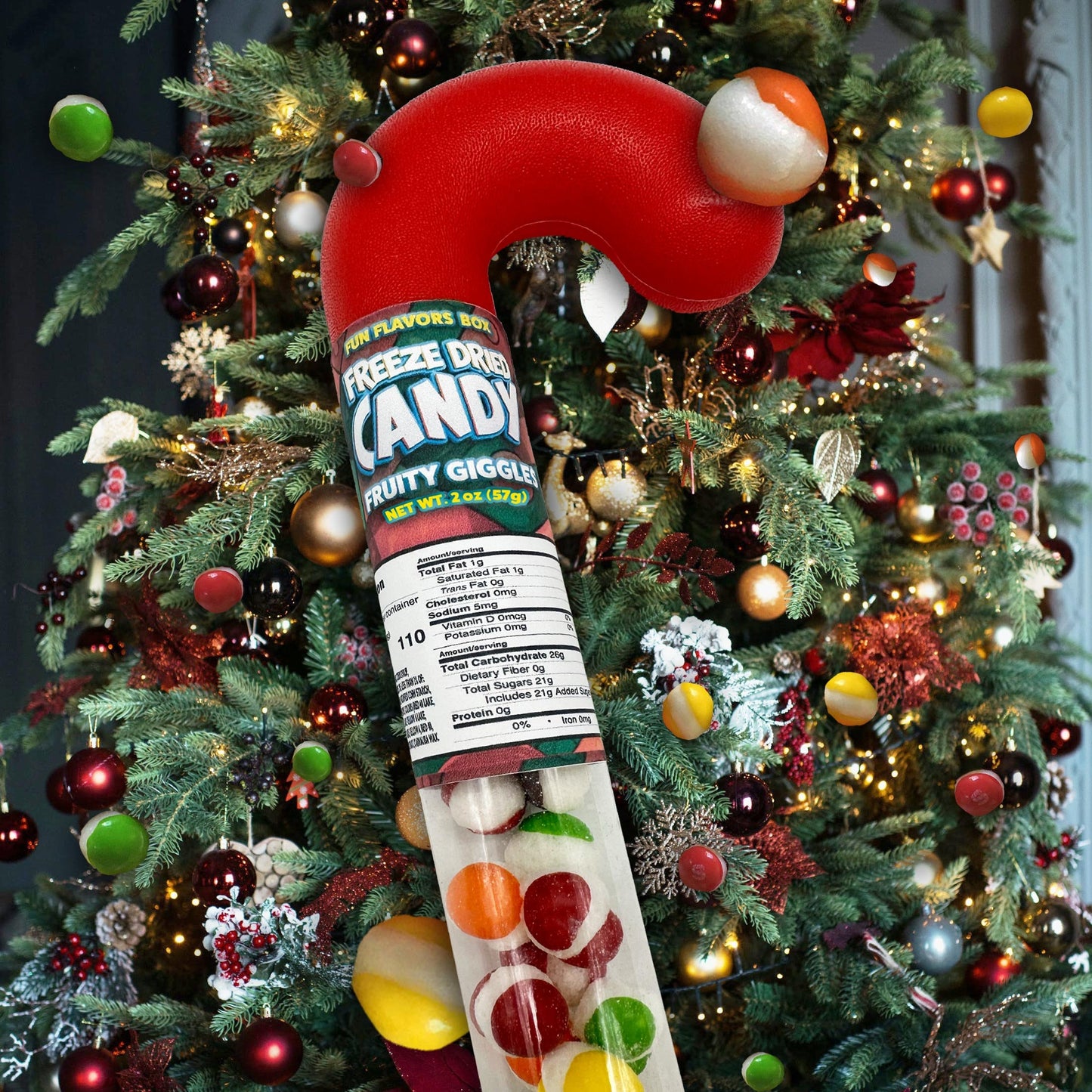 Freeze Dried Giggles Filled Giant Christmas Candy Cane Tube with Gift Box