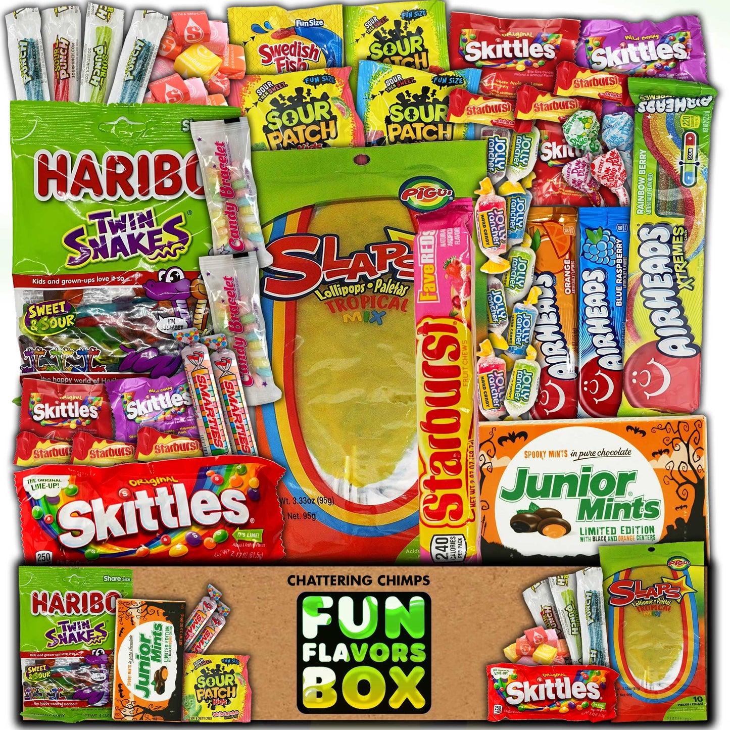 Fun Flavors Box variety pack skittles, airheads, sweet treats, Haribo, smarties, swedish fish 60 ct care package