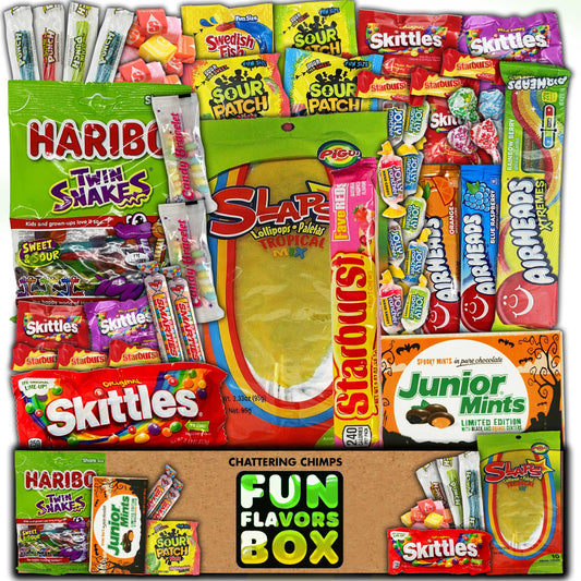 Fun Flavors Box variety pack skittles, airheads, sweet treats, Haribo, smarties, swedish fish 60 ct care package