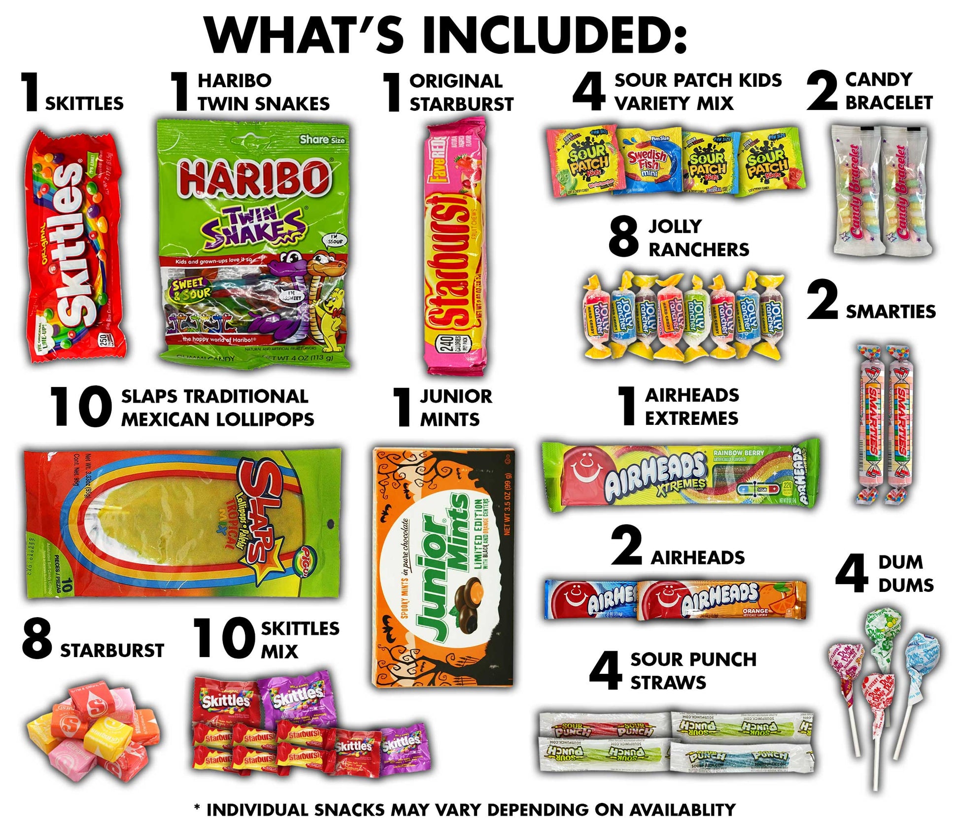 Included is skittles, haribo, starburst, sour patch, jolly ranchers, mexican lollipops, jr mints, sour punch airheads extremes, dum dums,