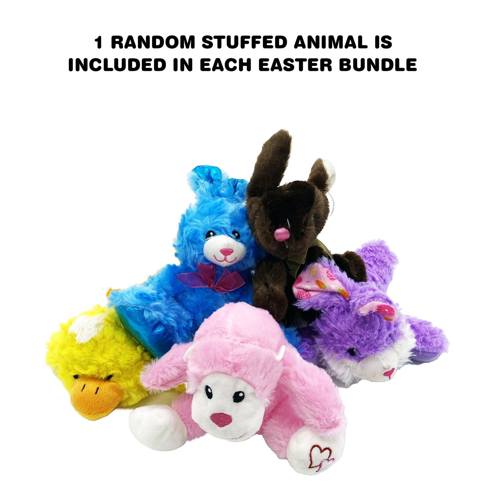 Each Fun Flavors Box Easter basket gift box includes 1 random stuffed animal