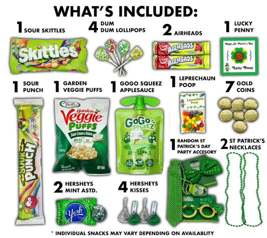Fun Flavors Box St Patrick's Day gift box includes sour skittles, airheads, lucky penny, sour punch, garden veggie straws, gogo squeez applesauce, Leprechaun poop, novelty gold coins,, Hershey's kisses, novelty gifts