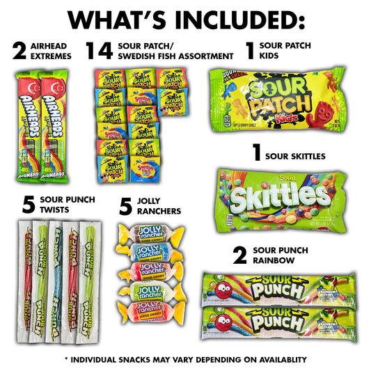Fun Flavors Box sour candy box includes air head xtremes, sour patch swedish fish, sour patch kids, sour skittles, sour punch twists, jolly ranchers and sour punch rainbow candy