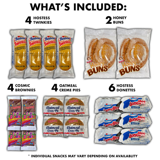 Hostess Twinkies, Honey buns, Cosmic Brownies, Oatmeal Creme Pies, Hostess Donettes
