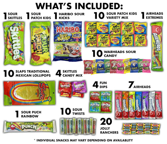 Fun Flavors Box deluxe sour candy gift box includes sour skittles sour patch kids haribo sour kicks sour patch kids variety mix airheads extremes slaps mexican lollipops skittles candy mix warheads sour candy fun dips airheads sour punch rainbow sour twist jolly ranchers