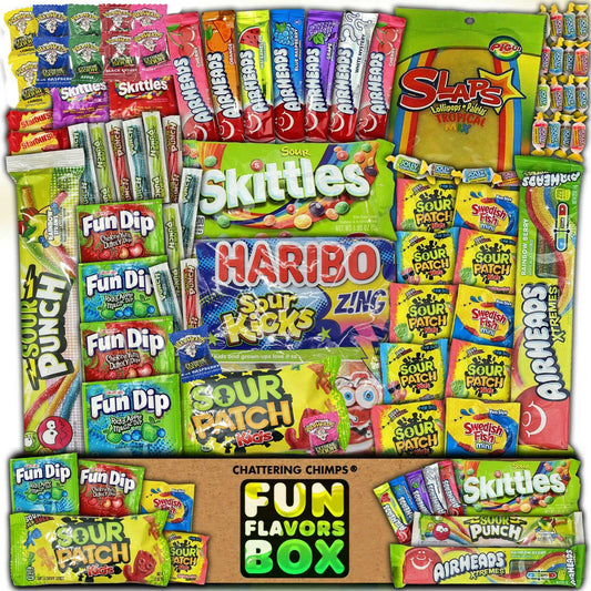 Fun Flavors Box sour candy care package snack box filled with skittles airheads sour patch Haribo sour kicks jolly ranchers fun dip sour punch warheads 